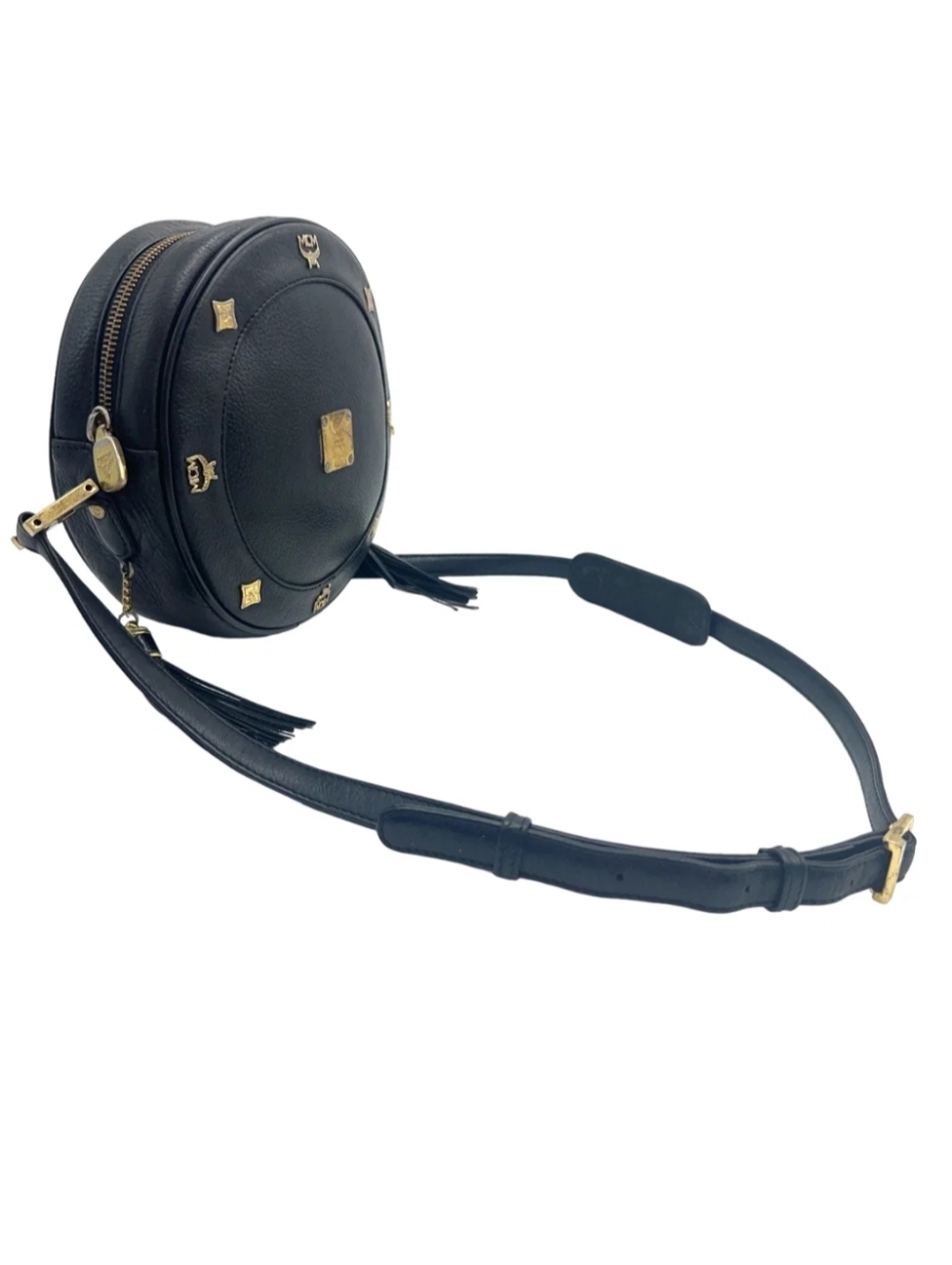 SOLD MCM Black Round Leather Crossbody with Gold Hardware and Tassels - Picture 4 of 8
